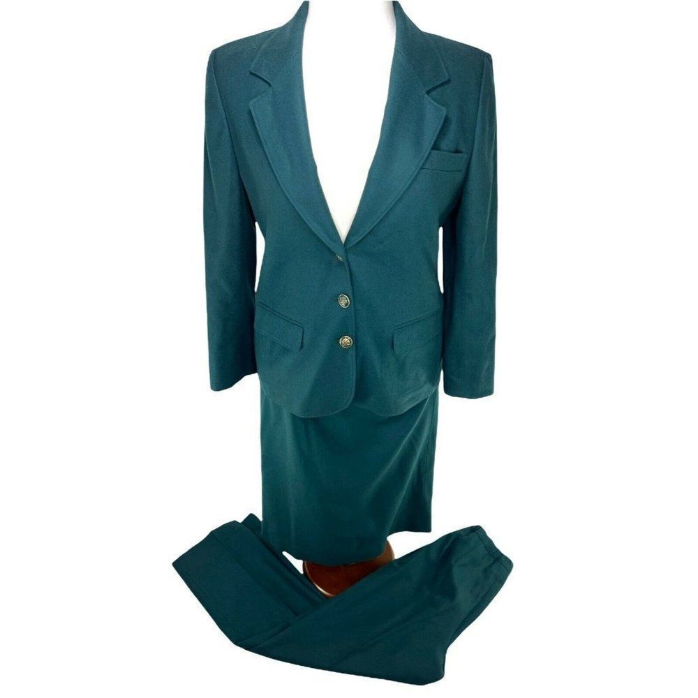 Vintage Petite Pendelton Women's Wool 3 Pc Jacket Pant Skirt Suit Green Size 8